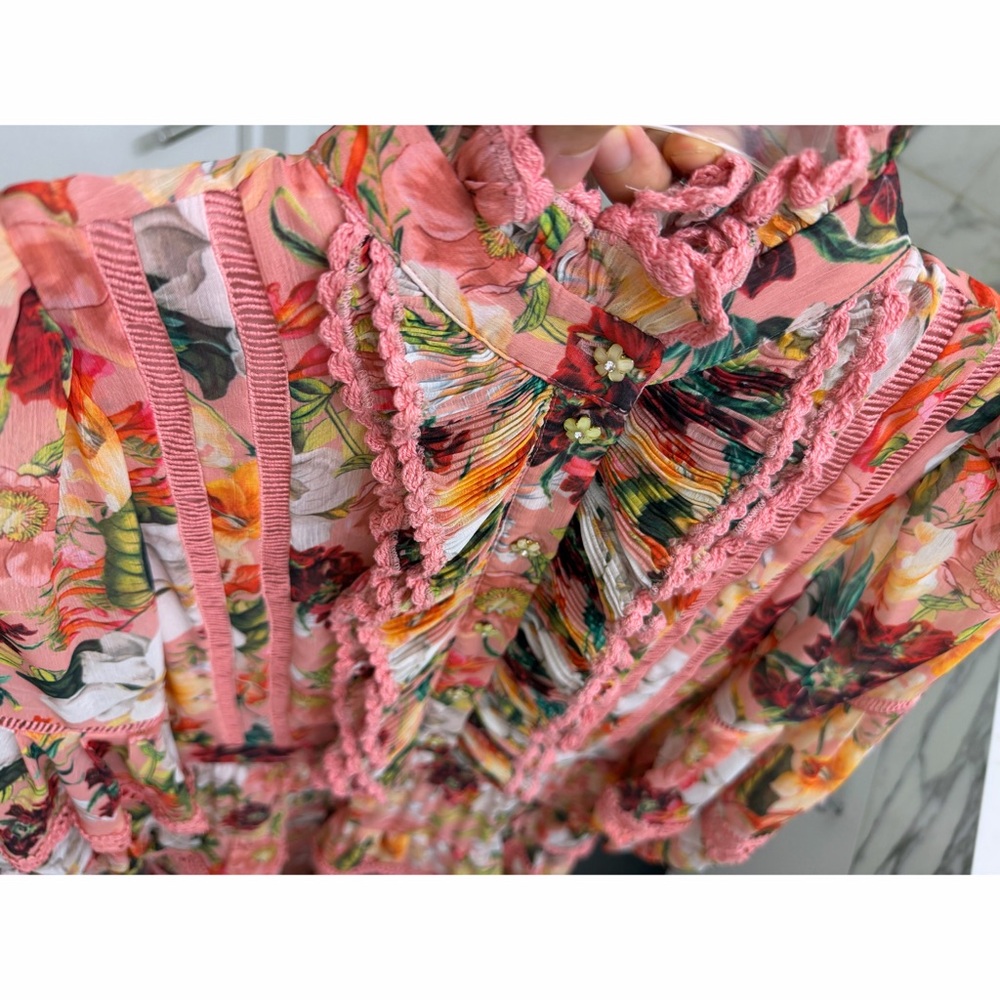 Alice + Olivia Brooke High Neck Maxi Dress Juniper Floral Rose Pink Lace Trim 0 - Picture 9 of 16